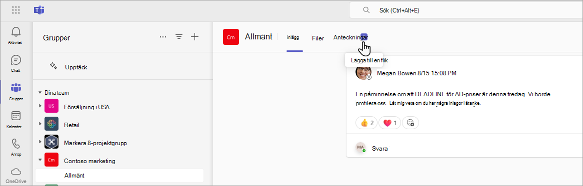 Dialogruta som visar hur du lägger till en SharePoint-flik i en kanal i Teams.