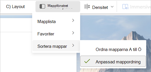 Fönstret Välj mapp, Sorteringsmappar, Anpassad mappordning