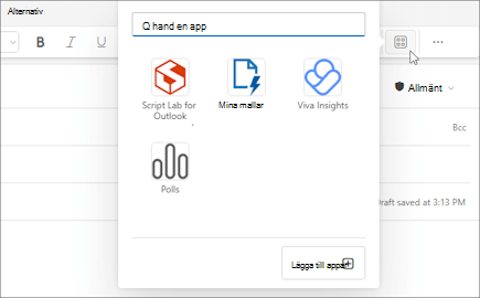 Den utfällbara menyn Appar från menyfliksområdet för ett meddelande som skrivs i Outlook på webben och i nya Outlook för Windows.