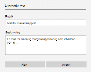 Ett exempel på en alternativtext för en inbäddad fil i OneNote för Windows 10.