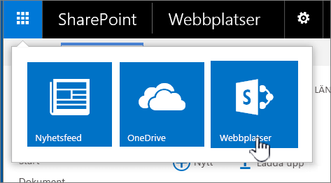 Appfönstret för SharePoint med webbplatser markerade