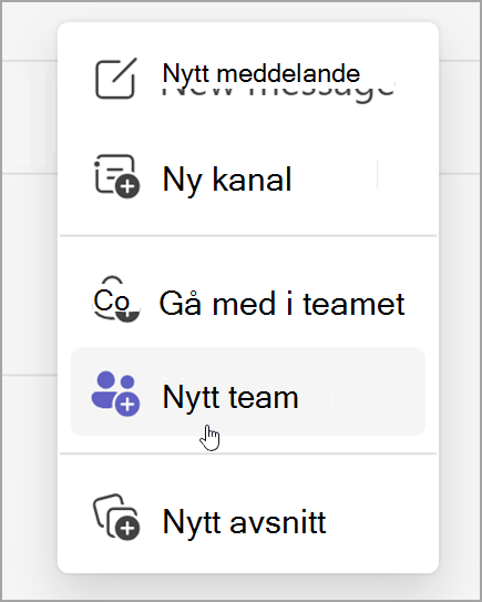 Skärmbild av alternativet för att skapa ett nytt team. Det visas när du har valt alternativet nya objekt.