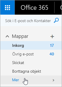 En skärmbild av markören över knappen Mer i navigeringsfönstret i Outlook på webben.