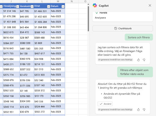 Skärmbild av hur du filtrerar data med Copilot i Excel.