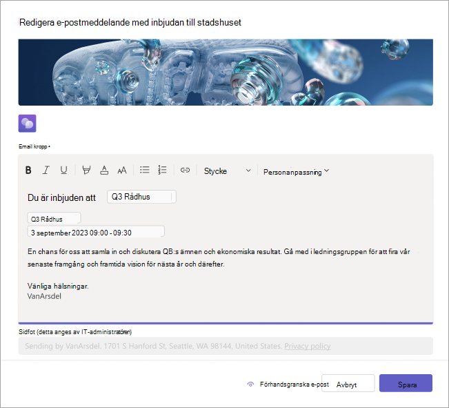 Skärmbild som visar hur du redigerar e-postinbjudningar i allmänna möten