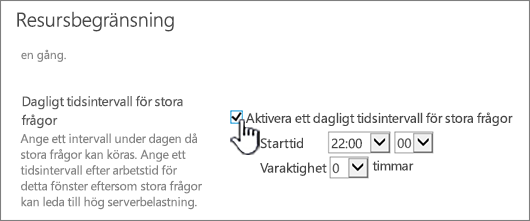 Sidan med programinställningar för Central administration med Dagligt tidsintervall markerat