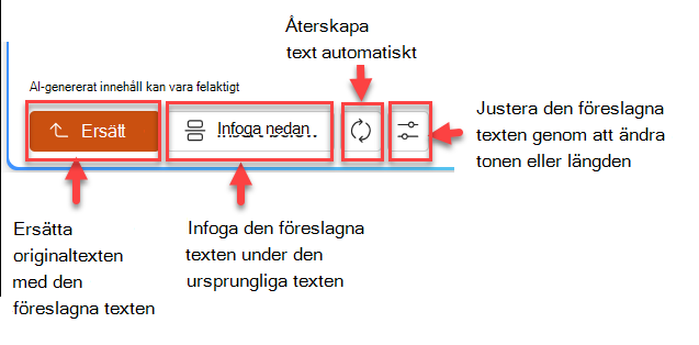 Skärmbild av föreslaget textfönster med fyra knappar: ersätt, infoga nedan, återskapa och justera.