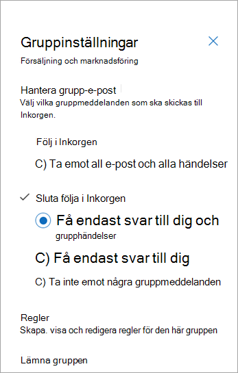 På panelen Gruppinställningar väljer du följningsinställning eller väljer lämna