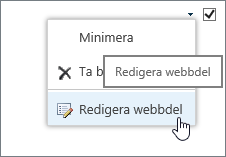 Redigeringsmenyn för webbdelen har markerats