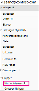 Outlook 2016 navigeringsfönstret med grupper markerade
