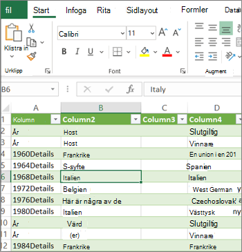 Ett typiskt Excel kalkylblad