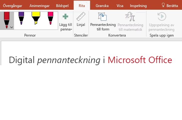 ”Hello” är skrivet på PowerPoint-arbetsytan med digitala pennanteckningar.