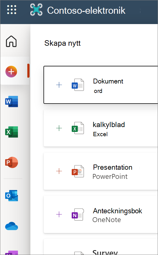 Nytt: öppningsskärmen för Office.com visar ikoner för att öppna ett nytt dokument eller Word, Excel, osv.