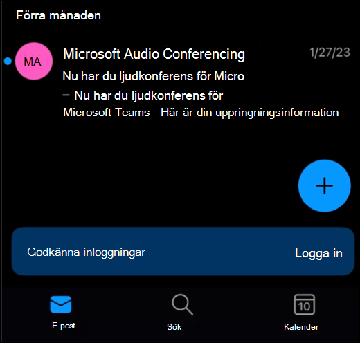 En inkorg i Outlook Mobile med en banderoll längst ned på skärmen med en "inloggningsknapp".