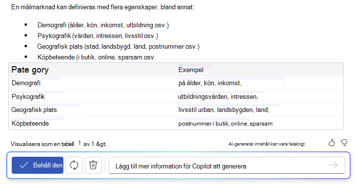 Skärmbild av Copilot i Word som visar funktionen för text till tabell