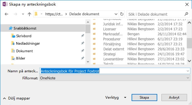 OneNote för Windows 2016, dialogrutan Skapa ny anteckningsbok