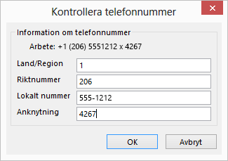 I Outlook, på kontaktkortet, under Telefonnummer väljer du ett alternativ och uppdaterar dialogrutan Kontrollera telefonnummer efter behov.