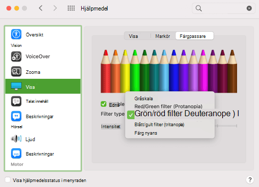 Färgfilter för färgblindhet som visas i macOS.