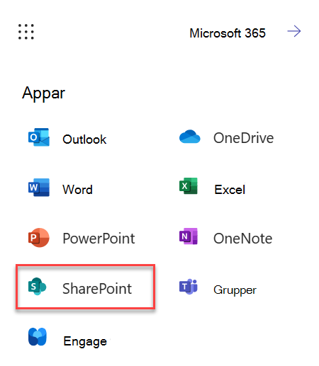 Skärmbild av hur du startar SharePoint från M365