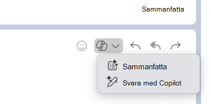 Copilot-ikonen som valts tar ned en meny som visar Sammanfatta och Svara med Copilot.