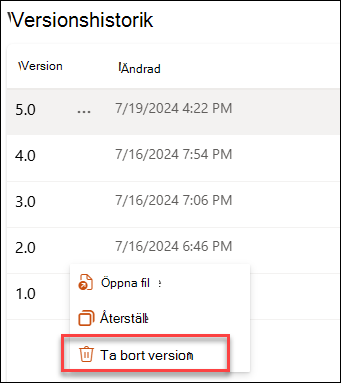 skärmbild som tar bort en version