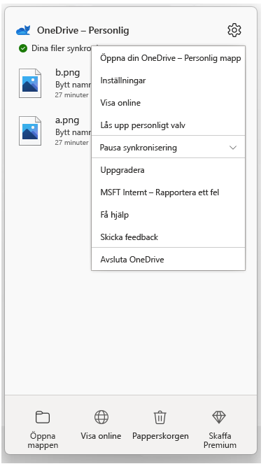 Bild av listrutan för att synkronisera OneDrive