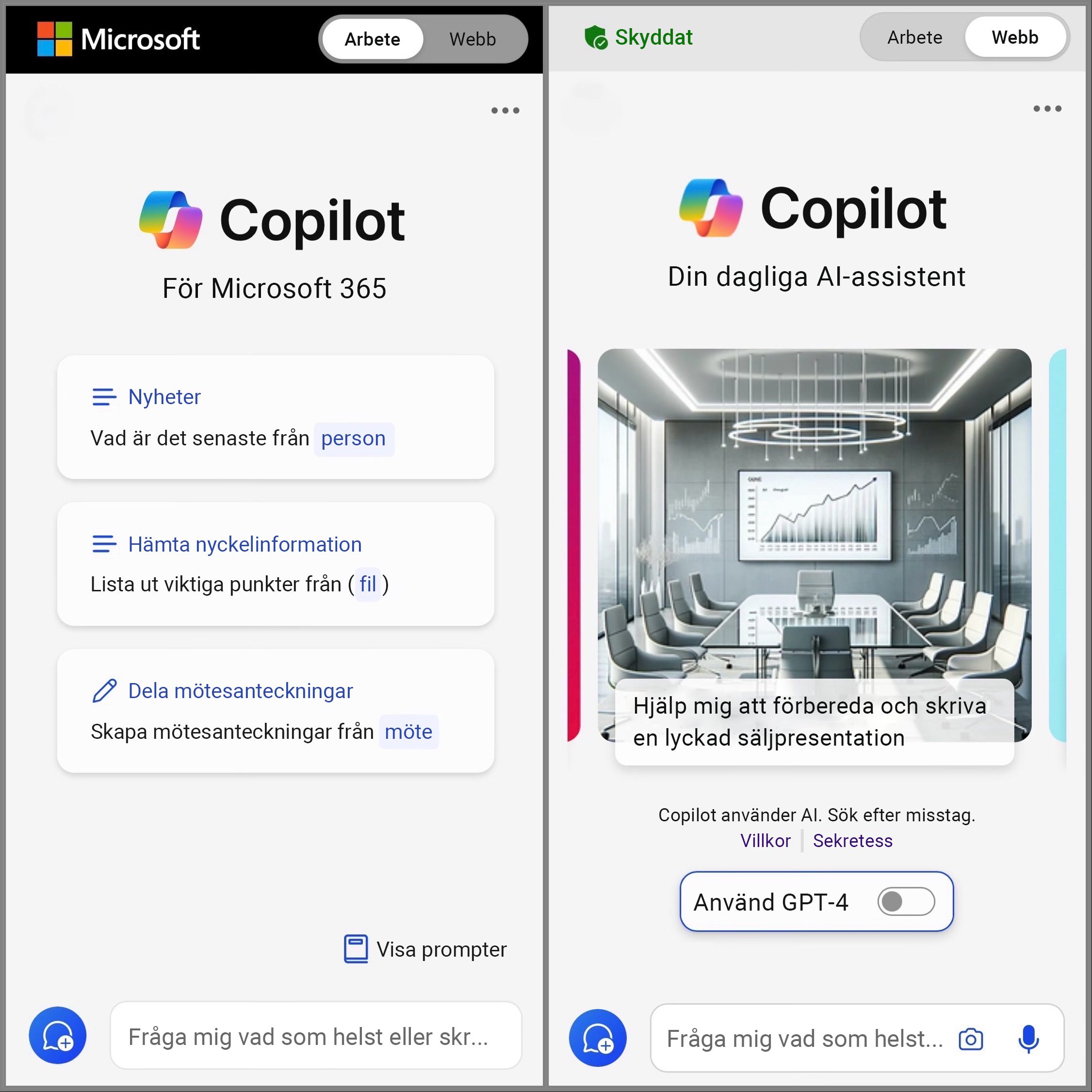 Visar skärmen för Copilot Mobile växlad till Web and Work för att komma åt chattprompten.