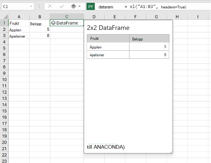 En förhandsversion av Python i Excel DataFrame som visar Python-kod och Excel-värden.