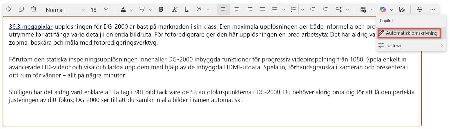 automatisk omskrivning före – en skärmbild av exemplet