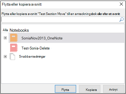 OneNote för Windows 2016, dialogrutan Flytta eller kopiera avsnitt