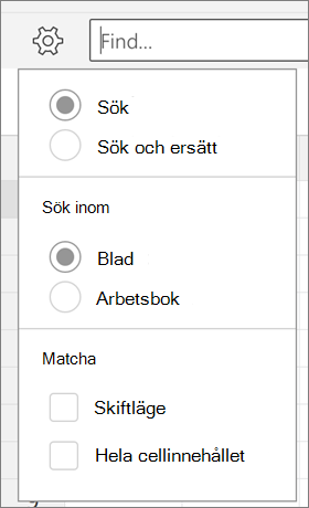 Visar hitta, Sök och Ersätt, blad, arbetsboken, versaler och hela cellinnehållet alternativ för sökning i Excel för Android.