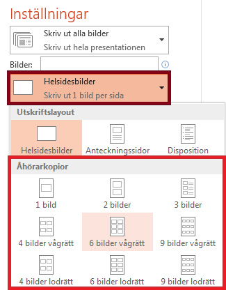 I fönstret Skriv ut klickar du på Helsidesbilder och väljer önskad layout i listan Åhörarkopior.