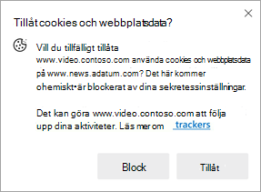 Skärmbild av meddelandet som visas när en webbplats begär tillstånd att använda cookies och webbplatsdata på en annan webbplats