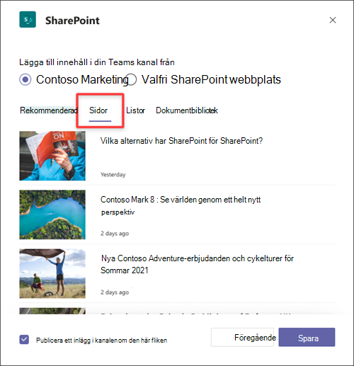 Lägga till SharePoint en sida som en flik i Teams
