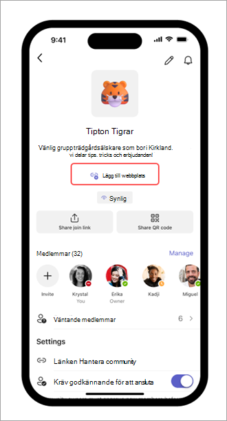 Skärmbild av länken Lägg till webbplats i communityinställningar i Microsoft Teams (kostnadsfritt) en på mobil enhet.