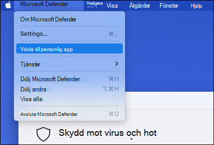 Menyn Microsoft Defender öppnas för att visa "Växla till personlig app" markerat.