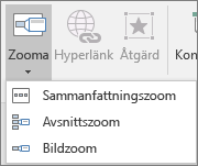 Visar olika typer av zoomning som du kan välja när du går till Infoga > Zoom: Sammanfattningszoom, Bildzoom och Avsnittszoom.