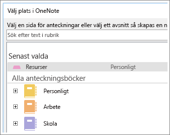 Skärmbild av OneNote-fönstret där du kan välja på vilken sida du vill ta Skype-anteckningar.