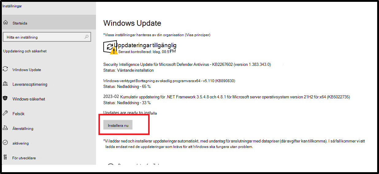 användargränssnittet för Windows Update-inställningar