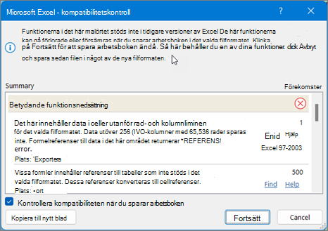 Använda Sök för att åtgärda problem med Excel-kalkylbladskompatibilitet