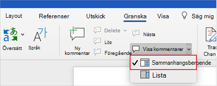 Menyn Visa kommentarer visas i Word på Mac med alternativet "Sammanhangsberoende" markerat.