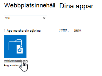 Webbplatsinnehåll med wiki-appanelen markerad