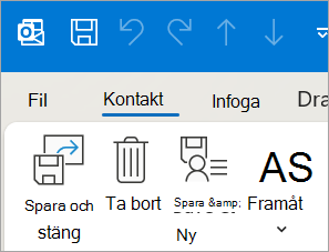 Skärmbild som visar Spara och stäng för kontakt i klassiska Outlook