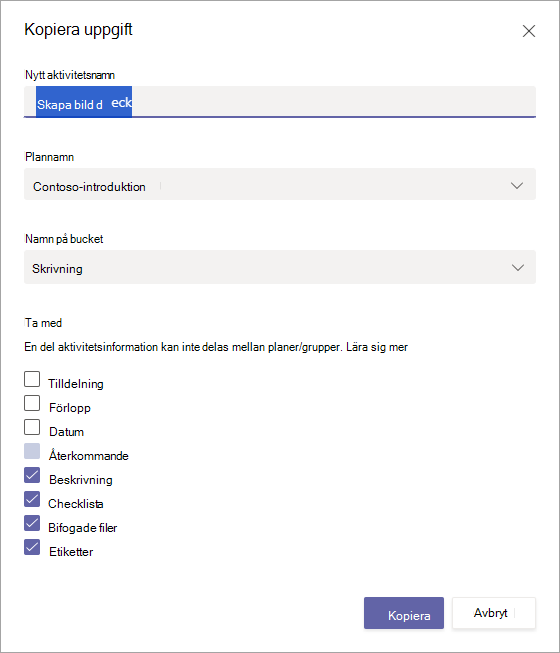 Dialogrutan Kopiera aktivitet för kopiering i en aktivitet i en plan