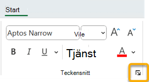 Dialogruteikonen för teckensnitt på fliken Start i menyfliksområdet.
