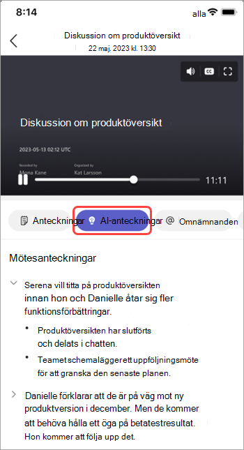 Visa AI-genererade anteckningar i Sammanfattning av Teams-möten.