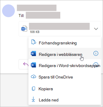 Skärmbild som visar listrutan för bifogade filer med Redigera i webbläsare markerat