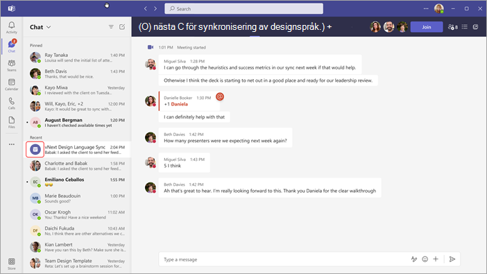 Skärmbild som visar hur du hittar en chatt efter ett möte