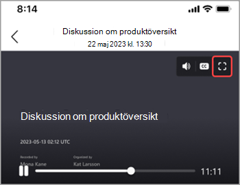 Tryck på helskärmsikonen för att visa en mötesinspelning på hela skärmen.