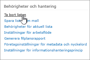 Ta bort listan under Behörigheter och hantering